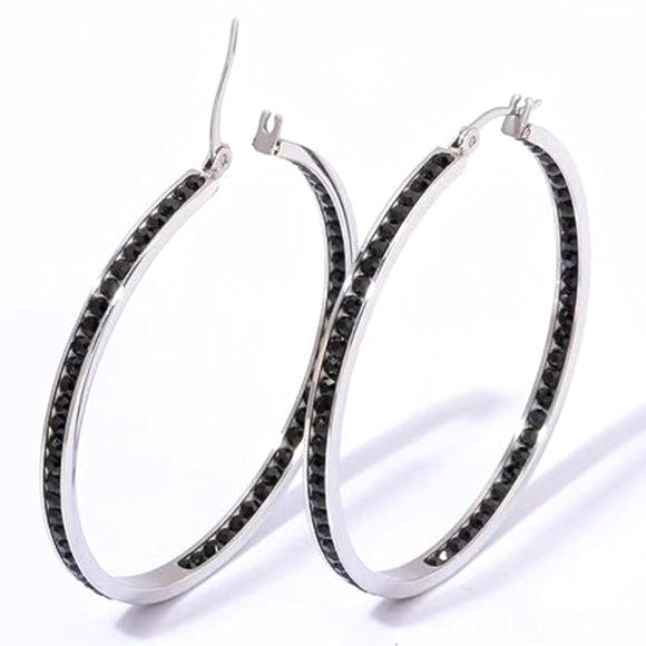 Big Black Rhinestone Silver Hoop Earrings Sparkle Hoops CZ Crystal Channel Loop - Picture 5 of 12